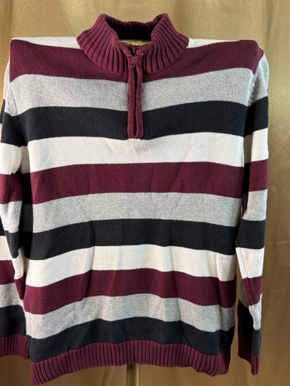 Boys Striped Quarter-Zip Sweater - Burgundy, Black & Gray